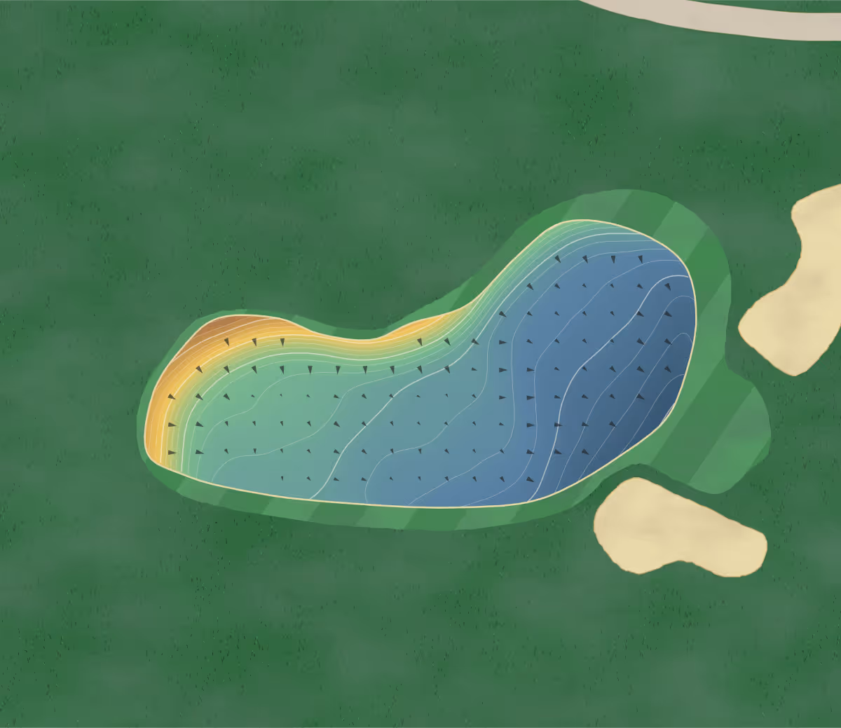 Green contour map of Brudenell River in Georgetown, Canada — 272 elevation contours at a 8-centimeter interval with fall-line arrows, traced from 1-meter lidar