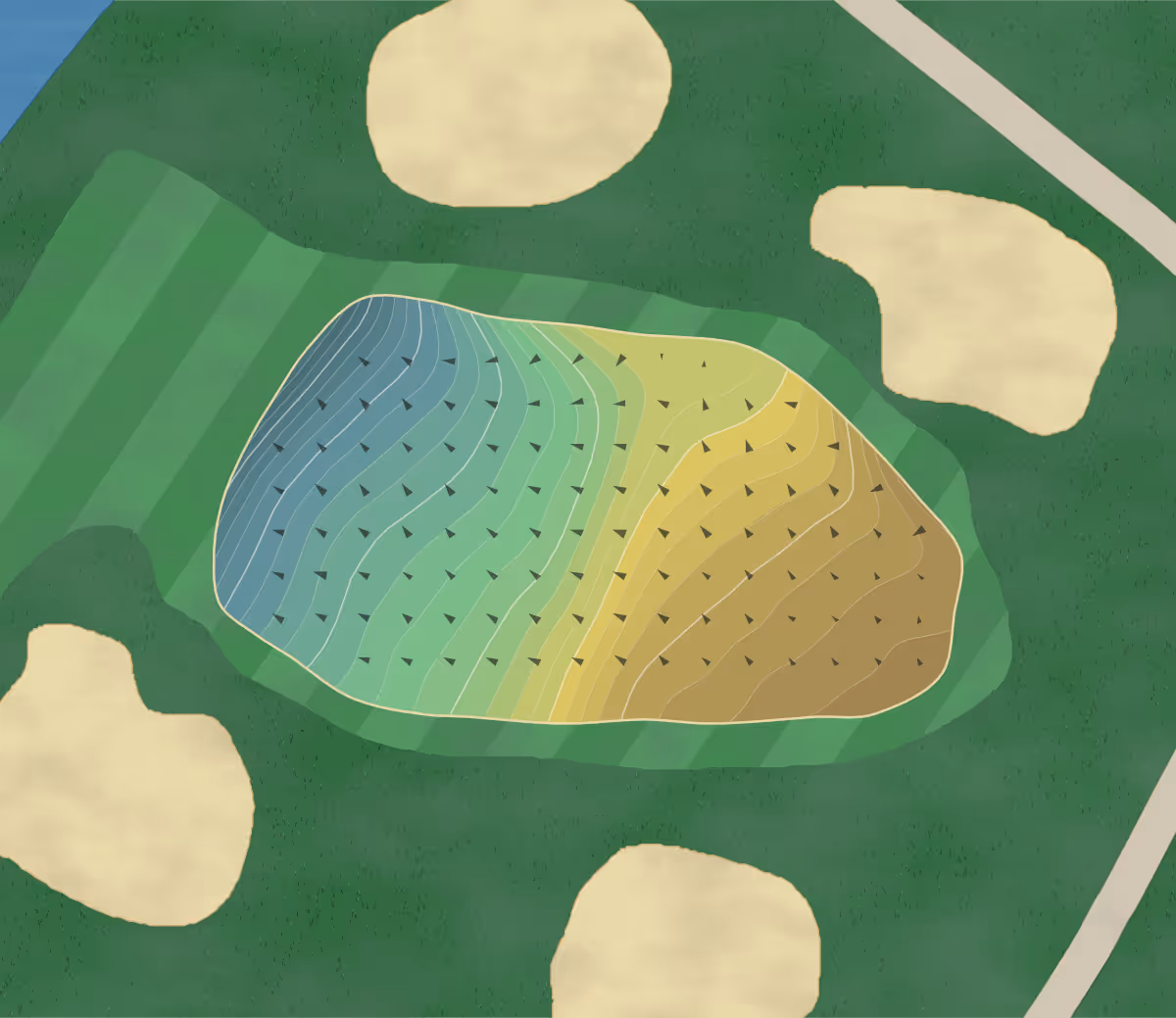 Green contour map of Brunswick GC in Brunswick, Maine — 259 elevation contours at a 3-inch interval with fall-line arrows, traced from 1-meter lidar