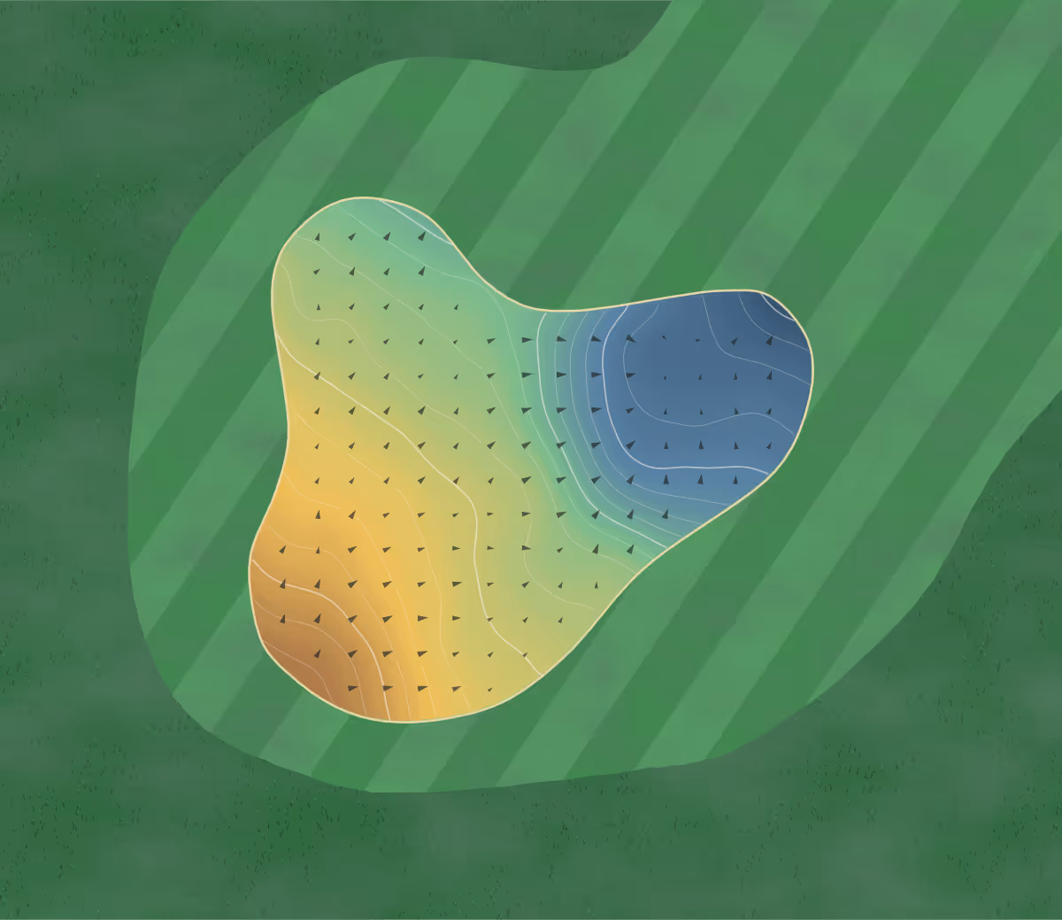 Green contour map of Bryn Bach Park in Tredegar, United Kingdom: 118 elevation contours at a 8-centimeter interval with fall-line arrows, traced from 1-meter lidar