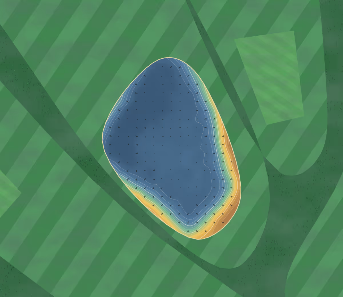 Green contour map of Buckpool in Buckie, Scotland — 167 elevation contours at a 8-centimeter interval with fall-line arrows, traced from 1-meter lidar