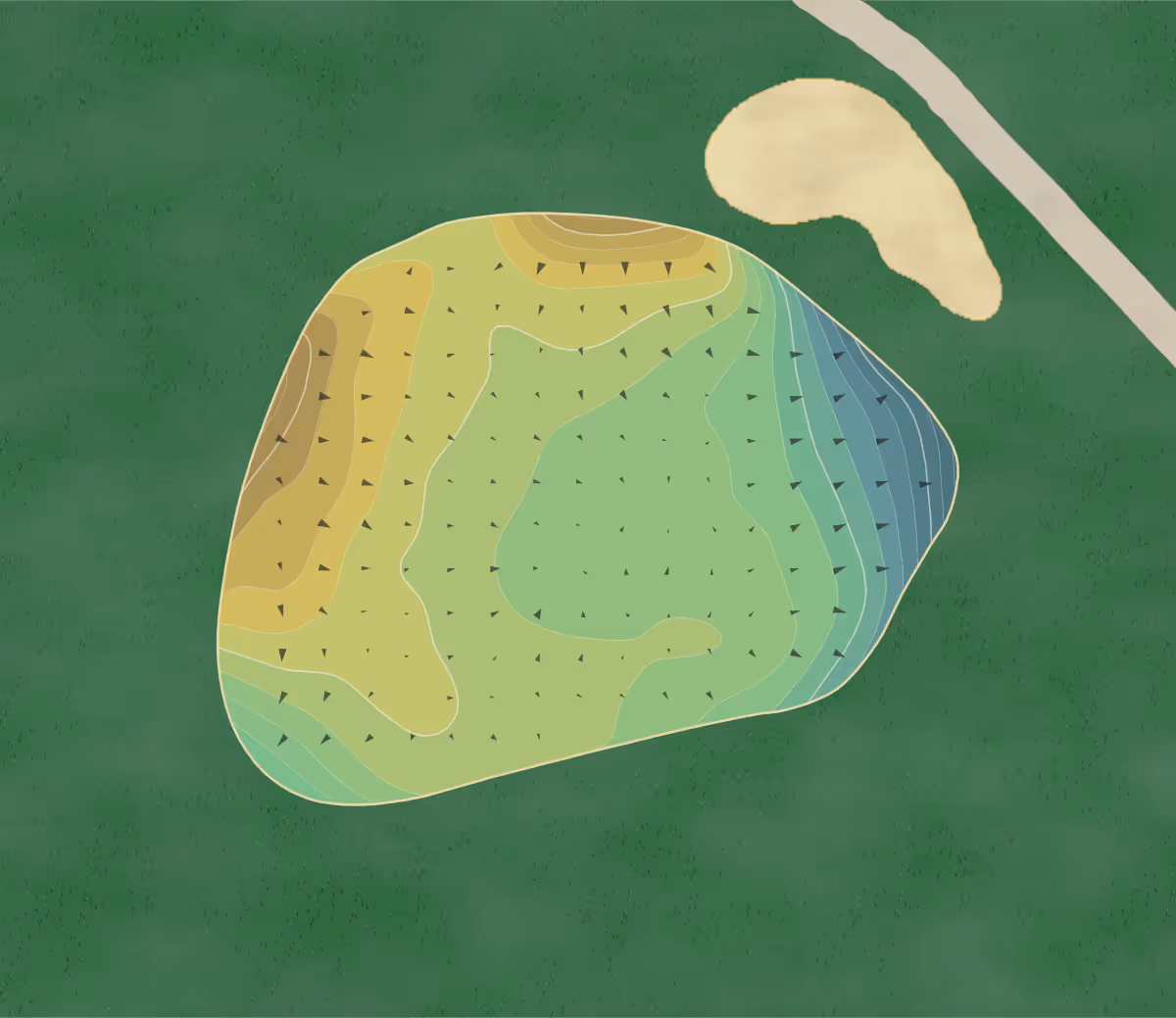 Green contour map of Bucksport GC in Bucksport, Maine — 133 elevation contours at a 3-inch interval with fall-line arrows, traced from 1-meter lidar