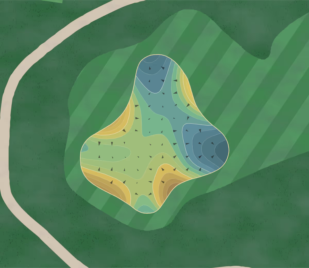 Green contour map of Buenaventura in Ventura, California — 207 elevation contours at a 3-inch interval with fall-line arrows, traced from 1-meter lidar