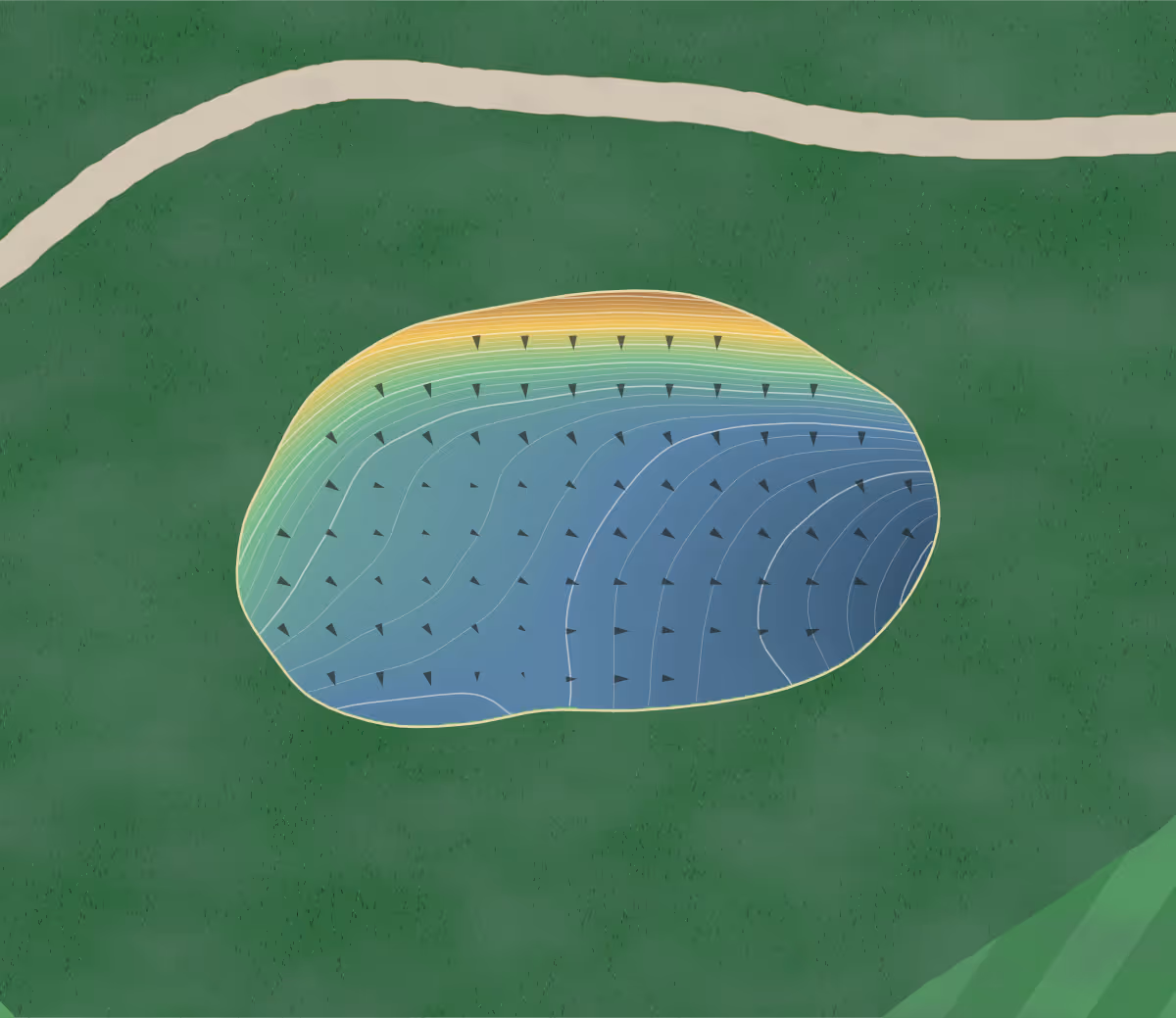 Green contour map of Buffalo Gc in Buffalo, Wyoming — 301 elevation contours at a 3-inch interval with fall-line arrows, traced from 1-meter lidar