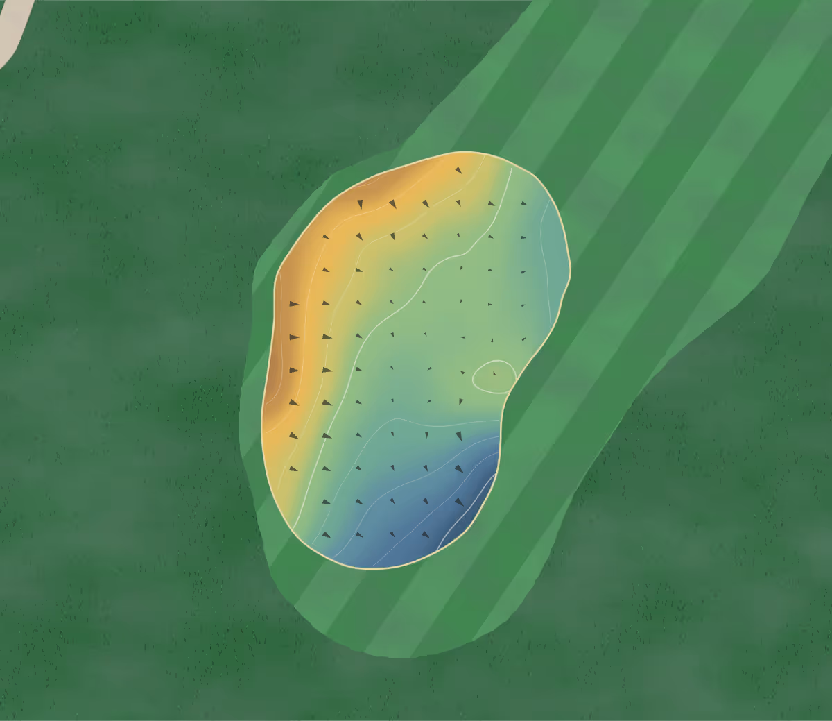 Green contour map of Buffer Park in Indiana, United States — 55 elevation contours at a 3-inch interval with fall-line arrows, traced from 1-meter lidar