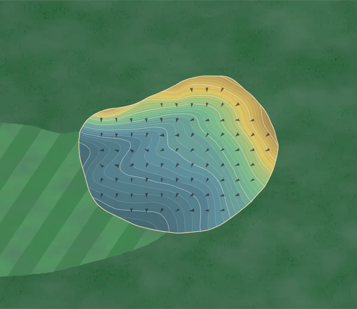 Green contour map of Bully Pulpit in Medora, North Dakota — 268 elevation contours at a 3-inch interval with fall-line arrows, traced from 1-meter lidar
