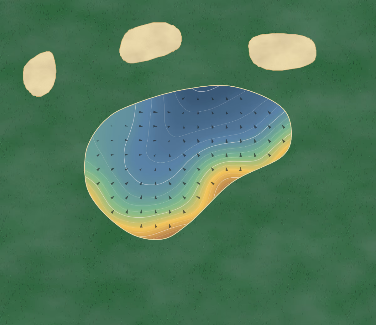 Green contour map of Bundoran in Bundoran, Ireland: 118 elevation contours at a 8-centimeter interval with fall-line arrows, traced from 1-meter lidar
