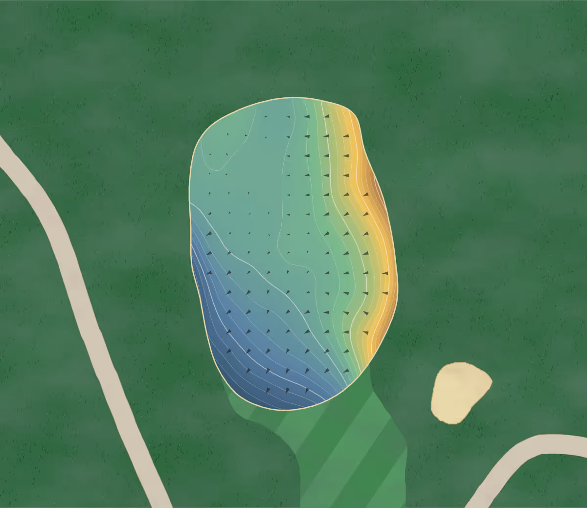 Green contour map of Bunker Hill in Rathburn, Canada — 163 elevation contours at a 8-centimeter interval with fall-line arrows, traced from 1-meter lidar
