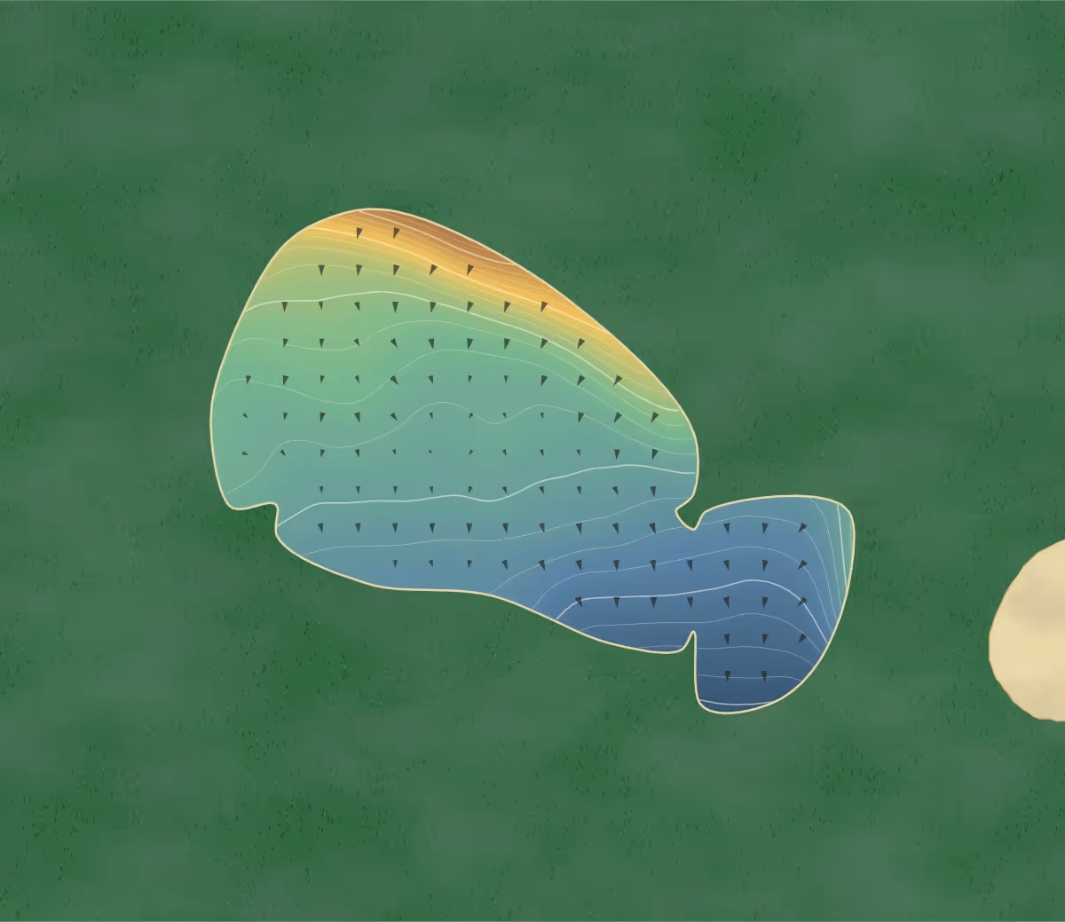 Green contour map of Bunsay Downs in Maldon, England: 146 elevation contours at a 8-centimeter interval with fall-line arrows, traced from 1-meter lidar