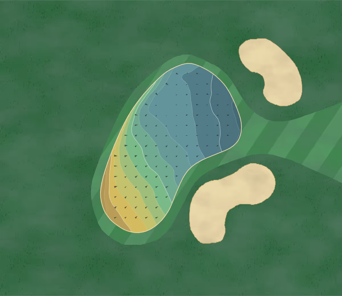 Green contour map of Burgham Park in Morpeth, England — 106 elevation contours at a 8-centimeter interval with fall-line arrows, traced from 1-meter lidar