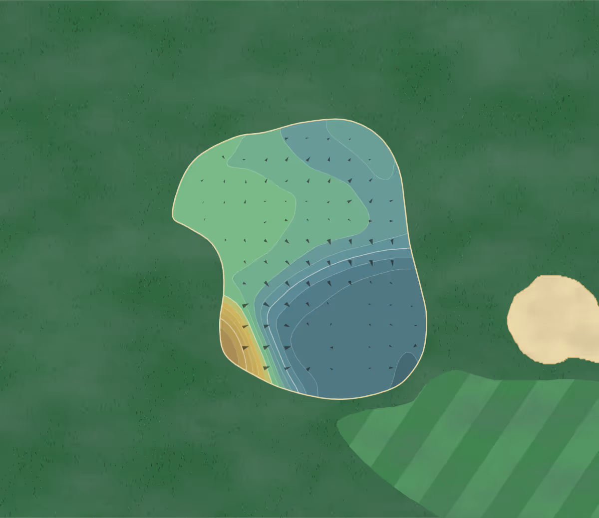 Green contour map of Burghill Valley in Hereford, England — 153 elevation contours at a 8-centimeter interval with fall-line arrows, traced from 1-meter lidar