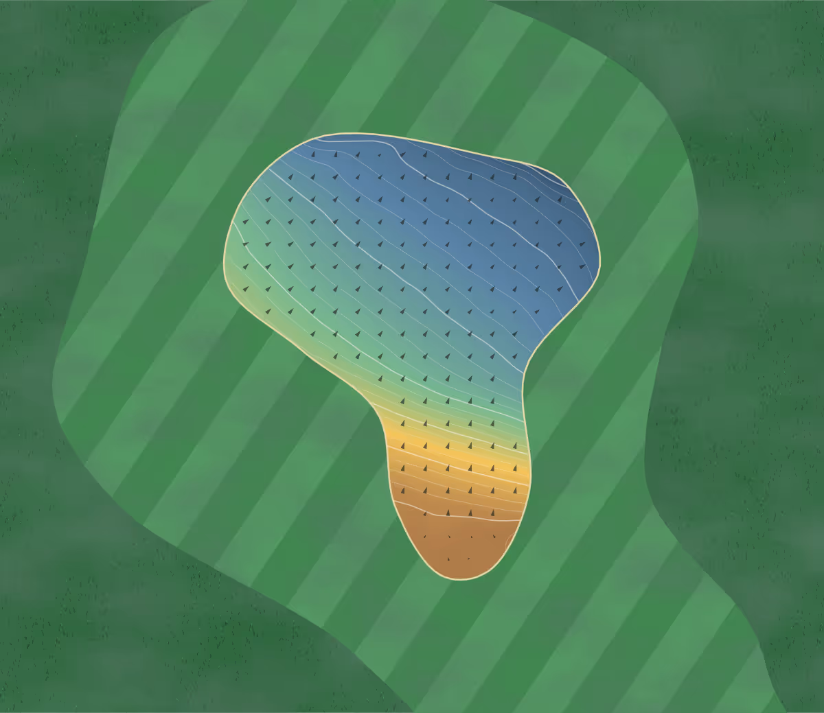 Green contour map of Burghley Park in Stamford, England: 166 elevation contours at a 8-centimeter interval with fall-line arrows, traced from 1-meter lidar