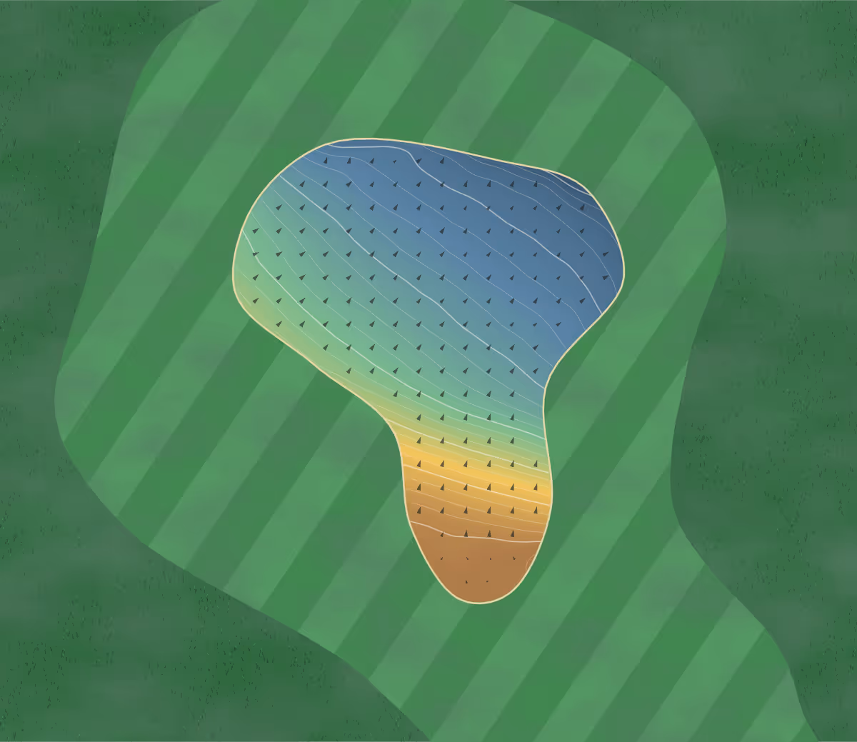 Green contour map of Burghley Park in Stamford, England — 166 elevation contours at a 8-centimeter interval with fall-line arrows, traced from 1-meter lidar