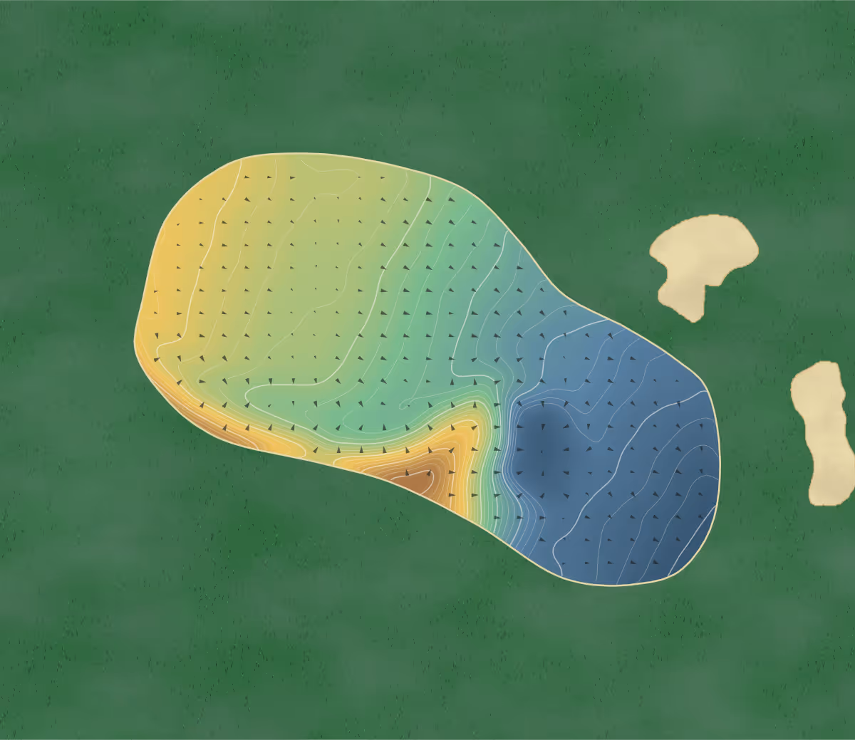Green contour map of Burhill in Walton-on-Thames, England: 236 elevation contours at a 8-centimeter interval with fall-line arrows, traced from 1-meter lidar