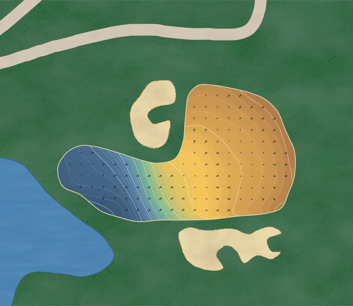 Green contour map of Burlington in Burlington, Canada — 238 elevation contours at a 8-centimeter interval with fall-line arrows, traced from 1-meter lidar