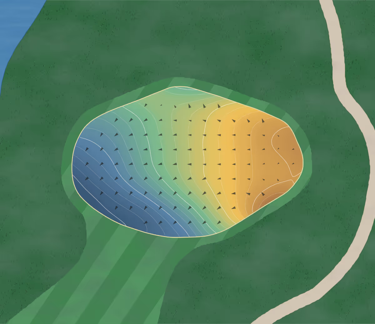 Green contour map of Burlington Springs in Burlington, Canada — 258 elevation contours at a 8-centimeter interval with fall-line arrows, traced from 1-meter lidar