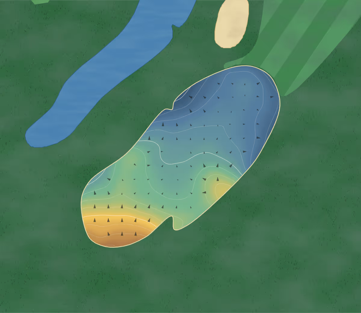 Green contour map of BURNING TREE GOLF CLUB in Macomb, Michigan — 61 elevation contours at a 3-inch interval with fall-line arrows, traced from 1-meter lidar