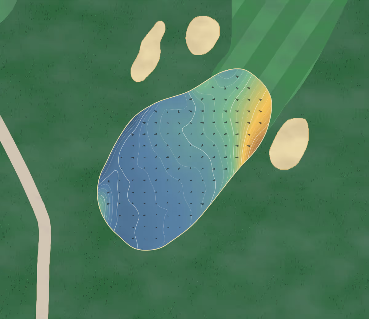Green contour map of Bury Golf Club in Bury, England: 249 elevation contours at a 8-centimeter interval with fall-line arrows, traced from 1-meter lidar