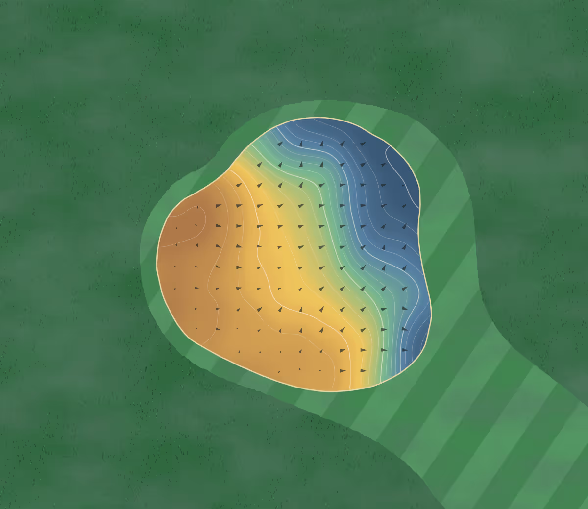 Green contour map of Bury St Edmunds in Bury St Edmunds, England: 146 elevation contours at a 8-centimeter interval with fall-line arrows, traced from 1-meter lidar