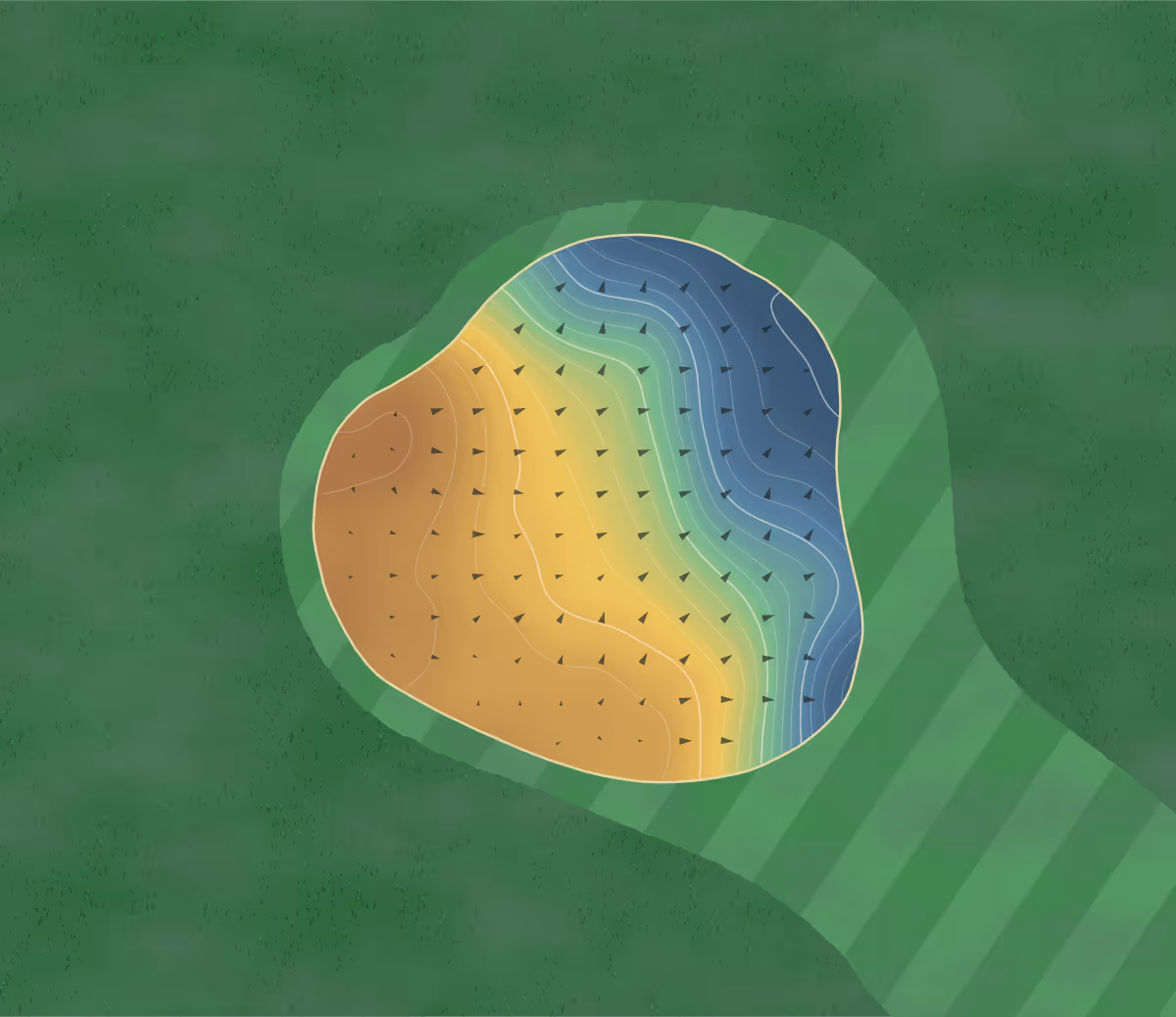 Green contour map of Bury St Edmunds in Bury St Edmunds, England — 159 elevation contours at a 8-centimeter interval with fall-line arrows, traced from 1-meter lidar