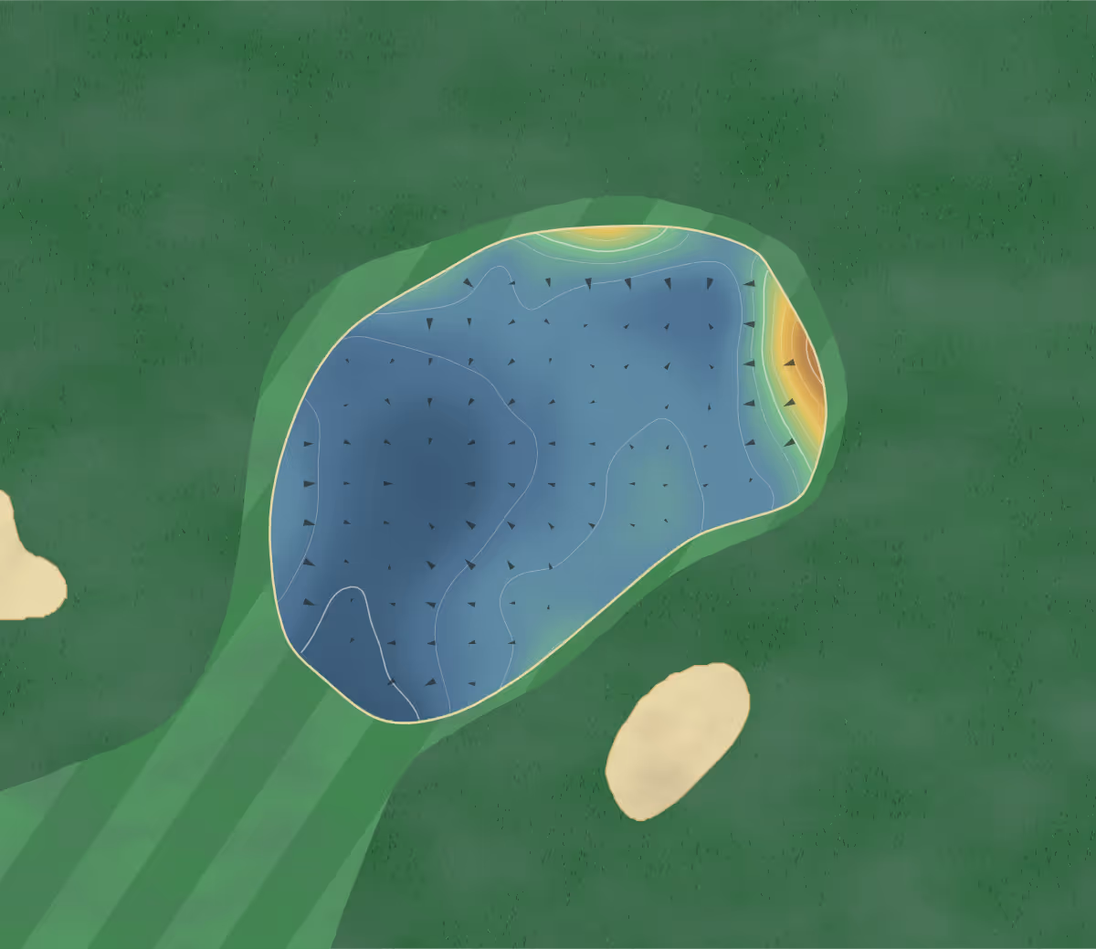 Green contour map of Greene King Course in Bury St Edmunds, England: 112 elevation contours at a 8-centimeter interval with fall-line arrows, traced from 1-meter lidar