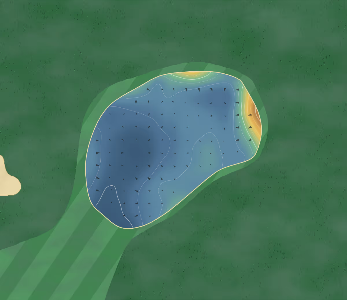 Green contour map of Greene King Course in Bury St Edmunds, England — 112 elevation contours at a 8-centimeter interval with fall-line arrows, traced from 1-meter lidar