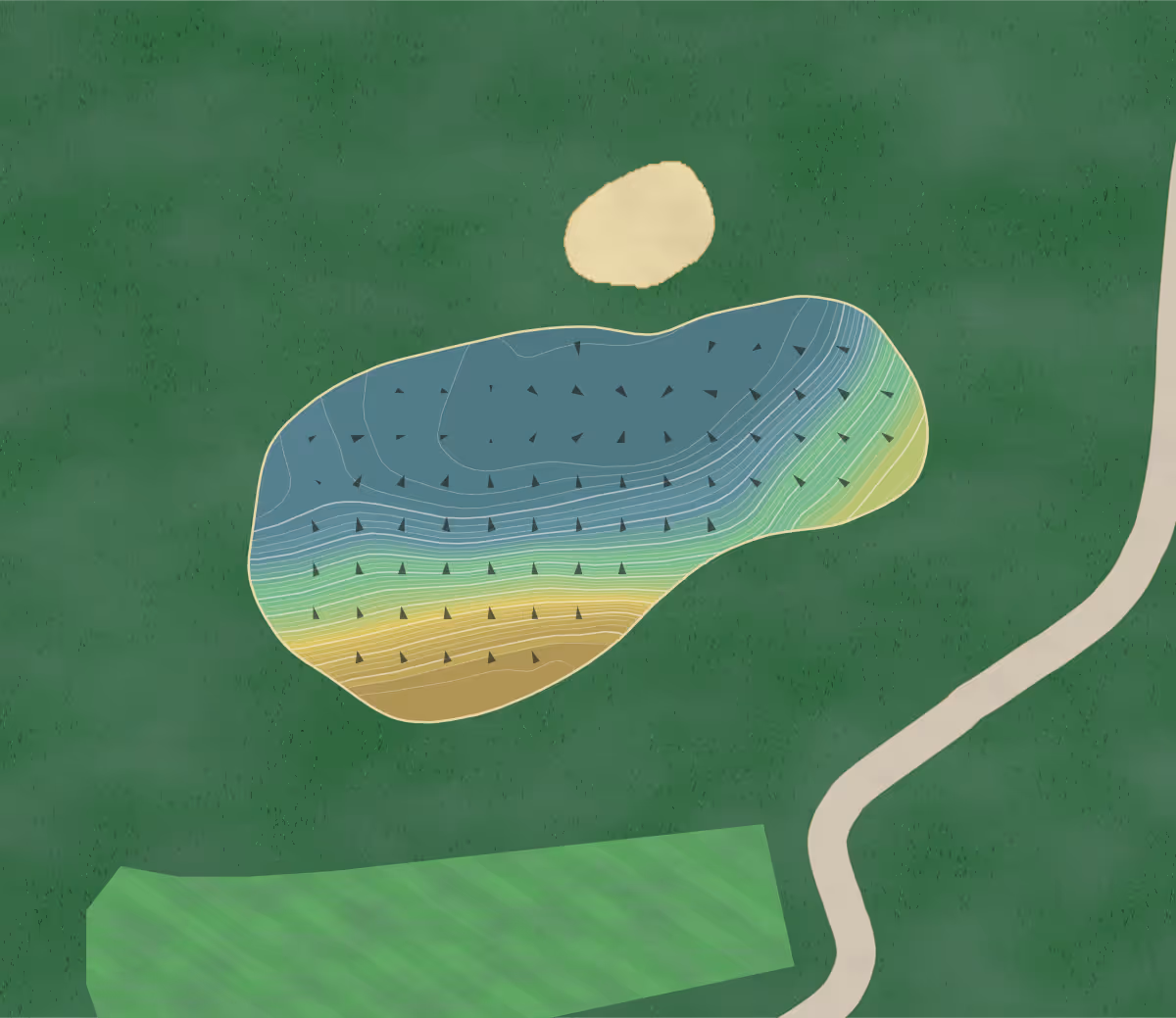 Green contour map of Bush Hill in Greater London, England — 280 elevation contours at a 8-centimeter interval with fall-line arrows, traced from 1-meter lidar