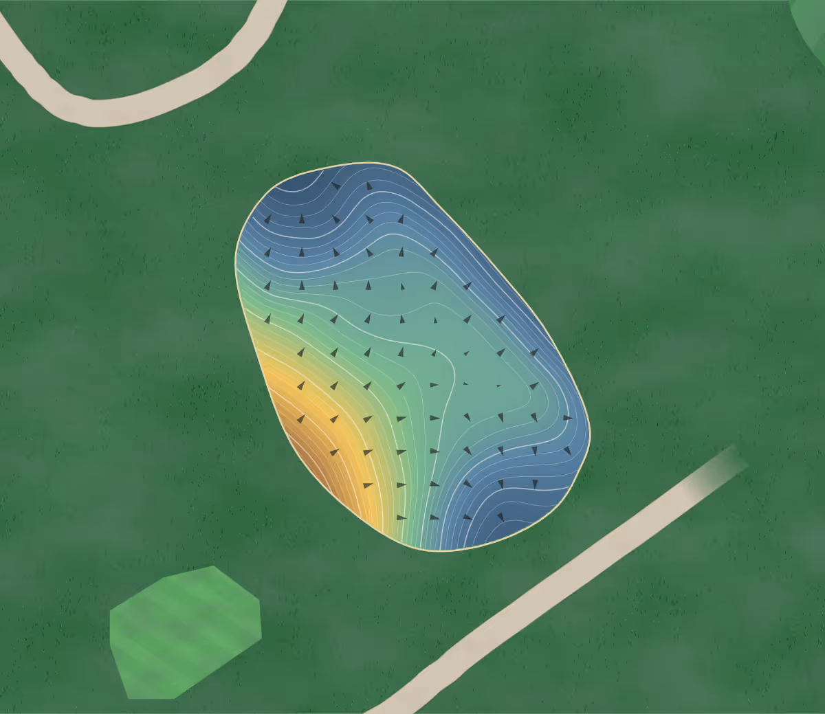Green contour map of Byrnell in Fenelon Falls, Canada — 144 elevation contours at a 8-centimeter interval with fall-line arrows, traced from 1-meter lidar