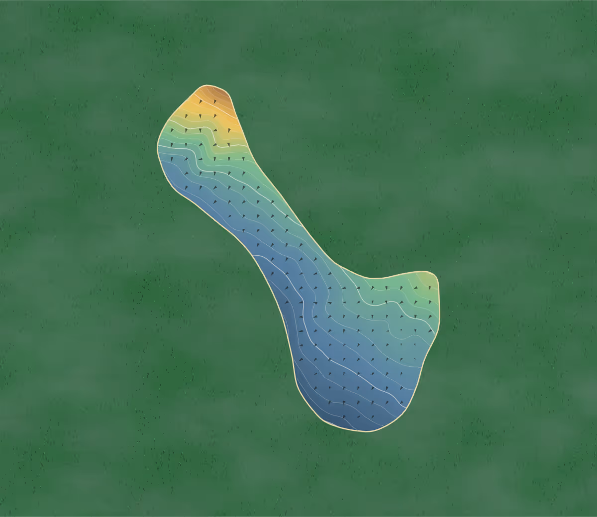 Green contour map of Caerleon in Newport, United Kingdom: 52 elevation contours at a 8-centimeter interval with fall-line arrows, traced from 1-meter lidar