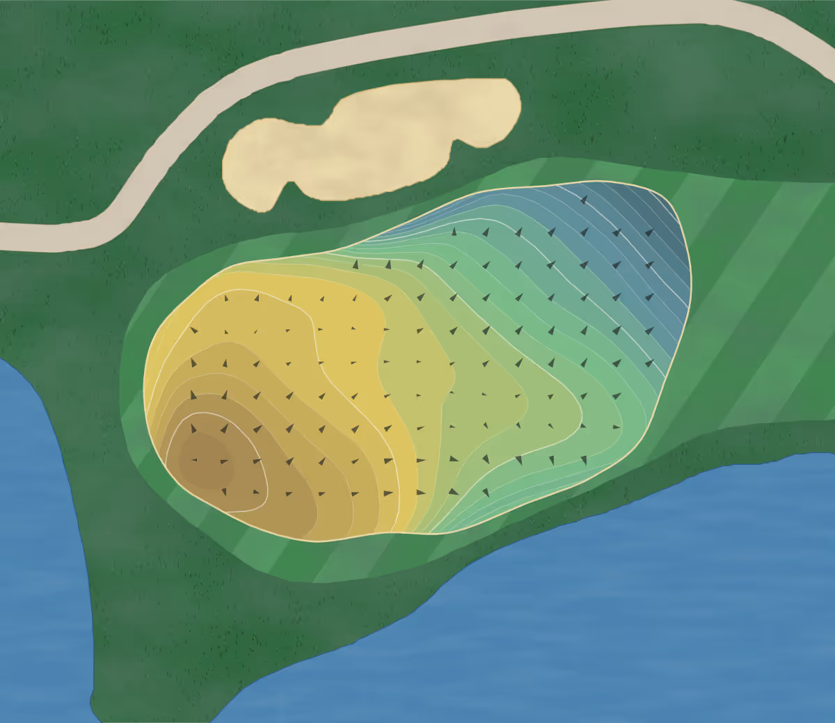 Green contour map of Calabasas in Calabasas, California — 256 elevation contours at a 3-inch interval with fall-line arrows, traced from 1-meter lidar