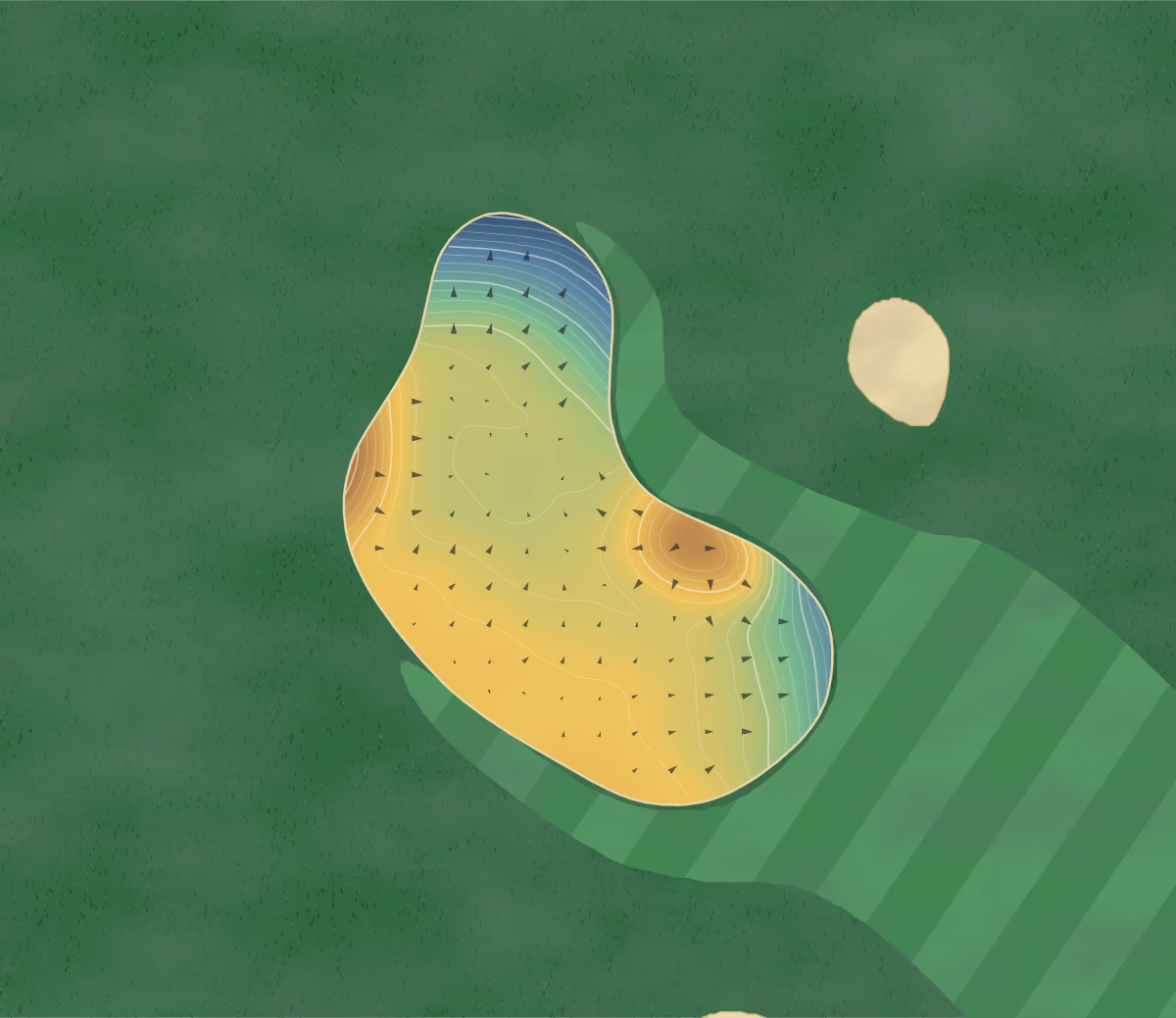 Green contour map of Caldecott Hall in Great Yarmouth, England: 275 elevation contours at a 8-centimeter interval with fall-line arrows, traced from 1-meter lidar