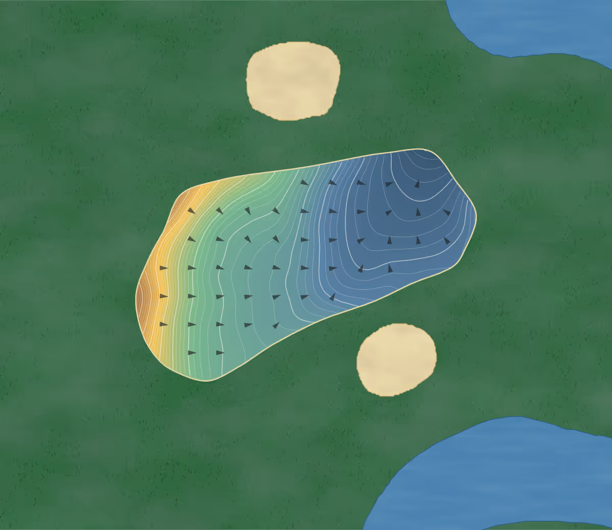 Green contour map of Caldera Links in Sunriver, Oregon — 340 elevation contours at a 3-inch interval with fall-line arrows, traced from 1-meter lidar