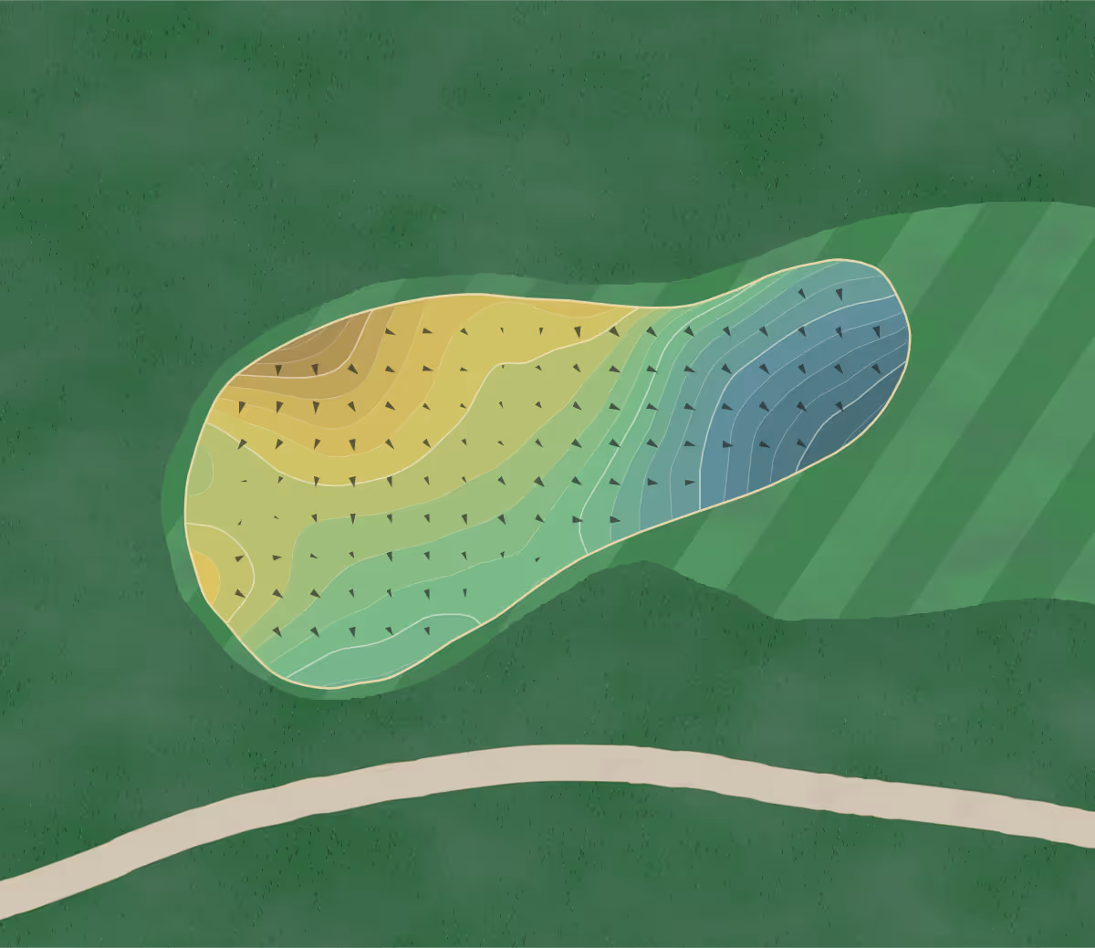 Green contour map of Calderone Farms in Grass Lake, Michigan — 273 elevation contours at a 3-inch interval with fall-line arrows, traced from 1-meter lidar