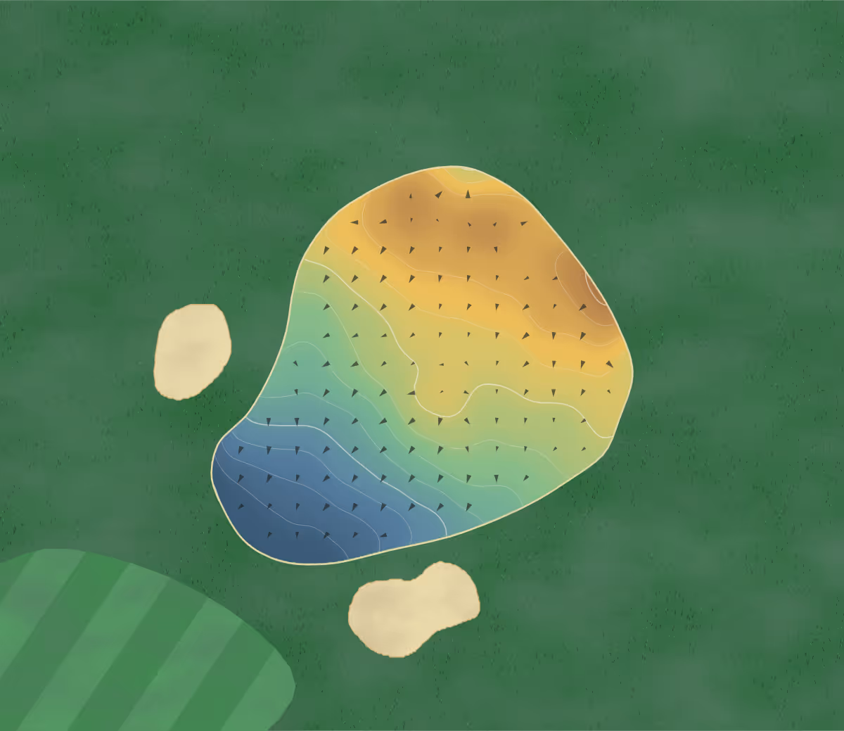 Green contour map of Caldy Golf Club in Wirral, England: 161 elevation contours at a 8-centimeter interval with fall-line arrows, traced from 1-meter lidar