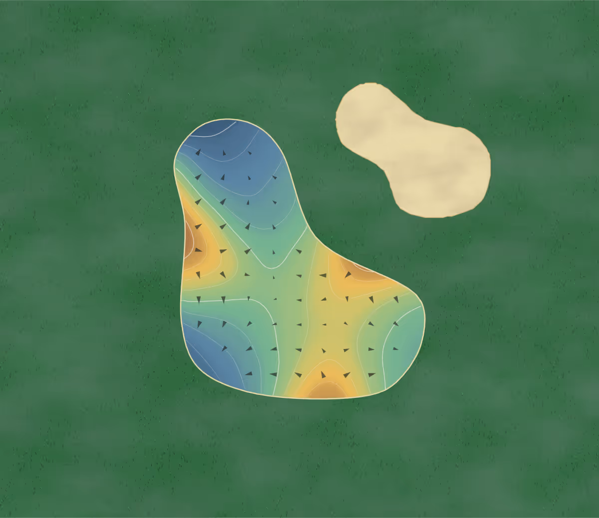 Green contour map of Calerin in Mississauga, Canada — 110 elevation contours at a 8-centimeter interval with fall-line arrows, traced from 1-meter lidar