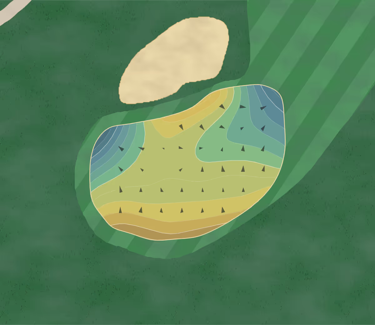 Green contour map of California Country Club in Whittier, California — 124 elevation contours at a 3-inch interval with fall-line arrows, traced from 1-meter lidar