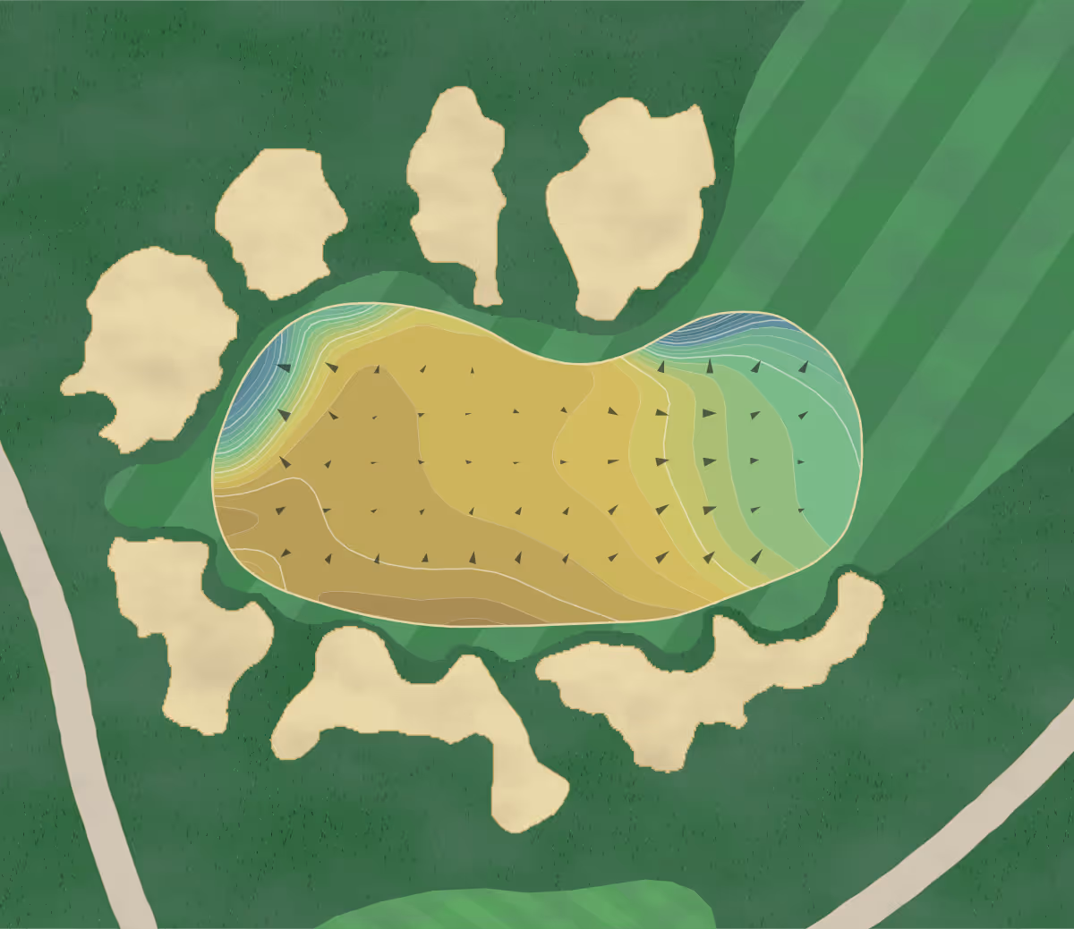 Green contour map of Cal Club in South San Francisco, California — 349 elevation contours at a 3-inch interval with fall-line arrows, traced from 1-meter lidar