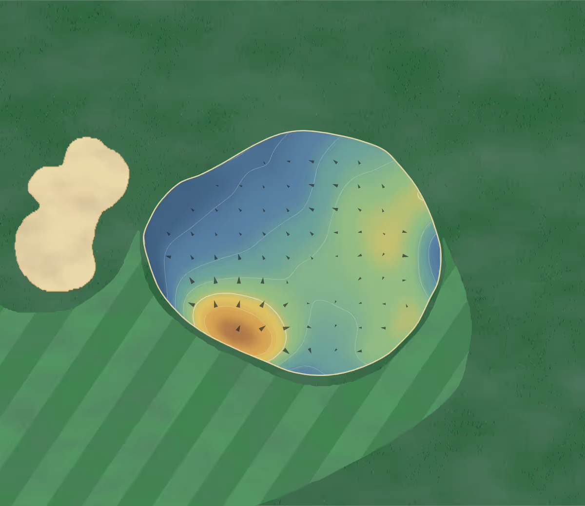 Green contour map of Camberley Heath in Camberley, England: 7 elevation contours at a 8-centimeter interval with fall-line arrows, traced from 1-meter lidar