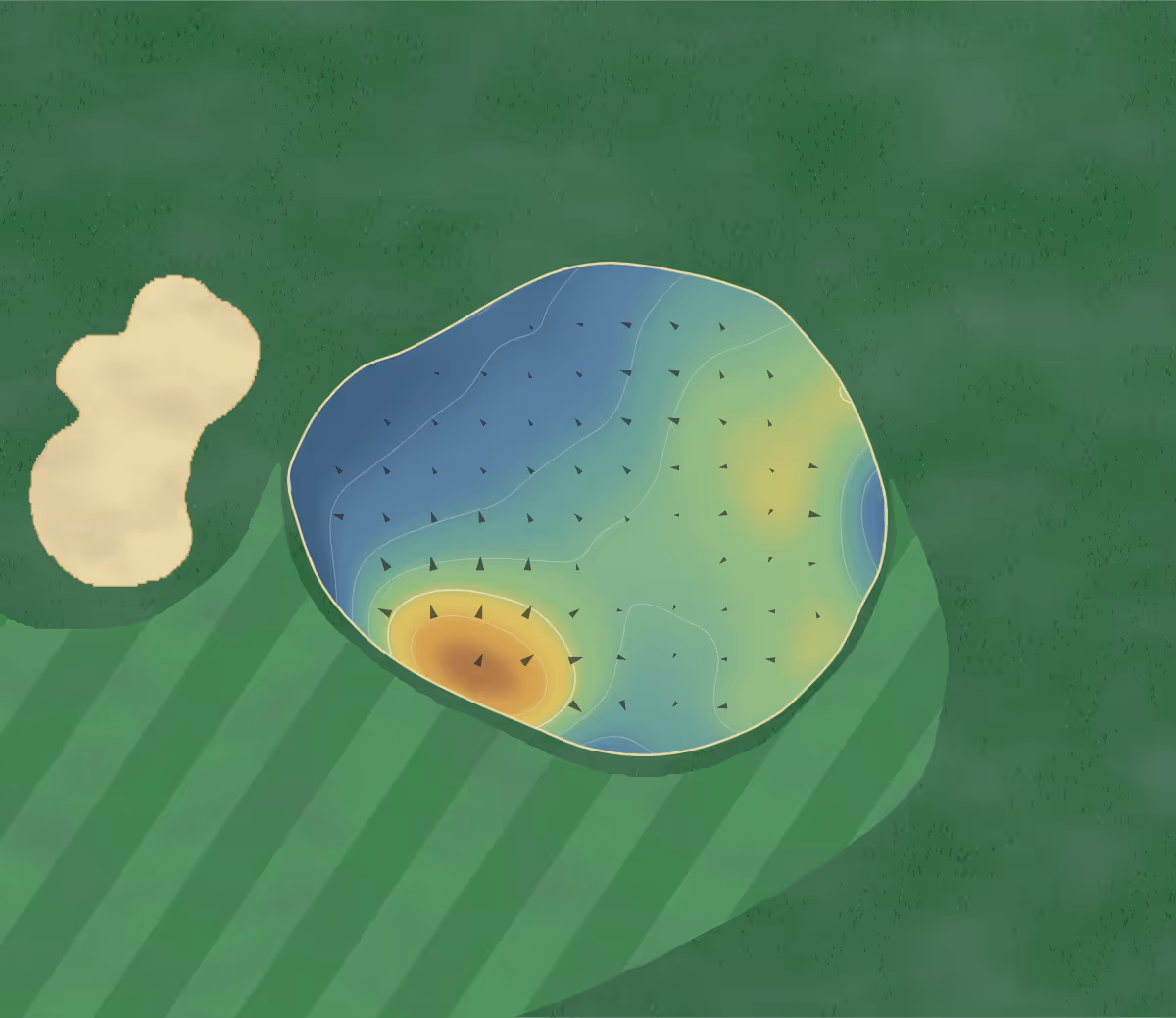 Green contour map of Camberley Heath in Camberley, England — 7 elevation contours at a 8-centimeter interval with fall-line arrows, traced from 1-meter lidar
