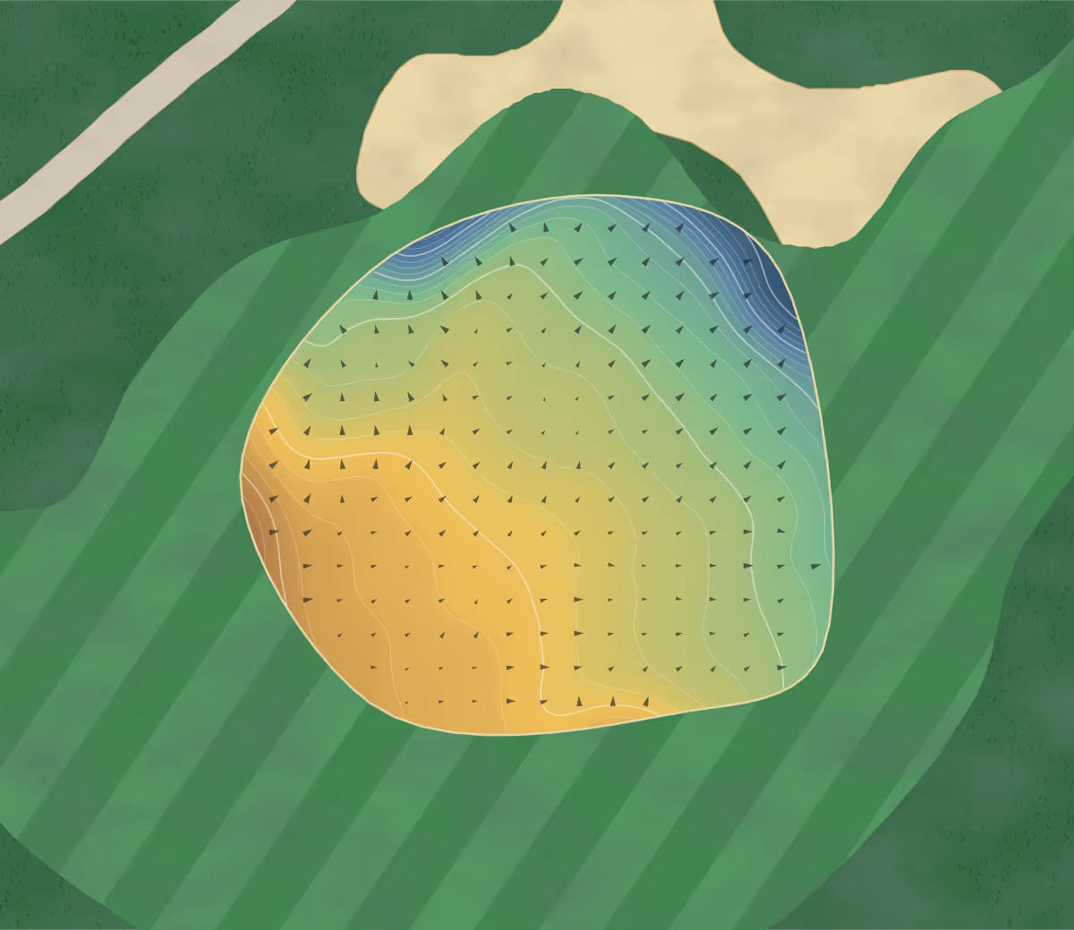 Green contour map of Cambridge Meridian in Cambridge, England: 182 elevation contours at a 8-centimeter interval with fall-line arrows, traced from 1-meter lidar