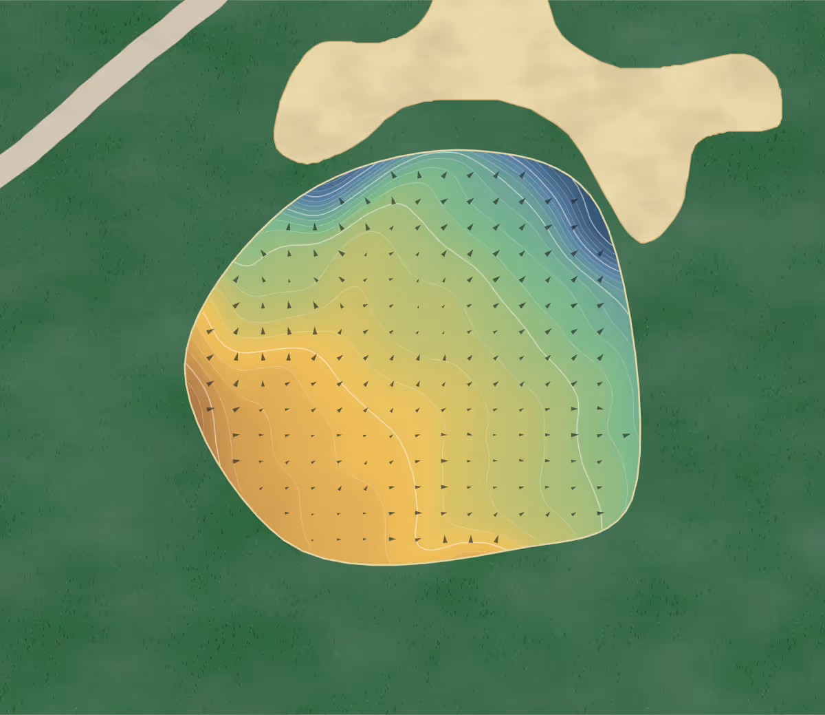 Green contour map of Cambridge Meridian in Cambridge, England — 172 elevation contours at a 8-centimeter interval with fall-line arrows, traced from 1-meter lidar