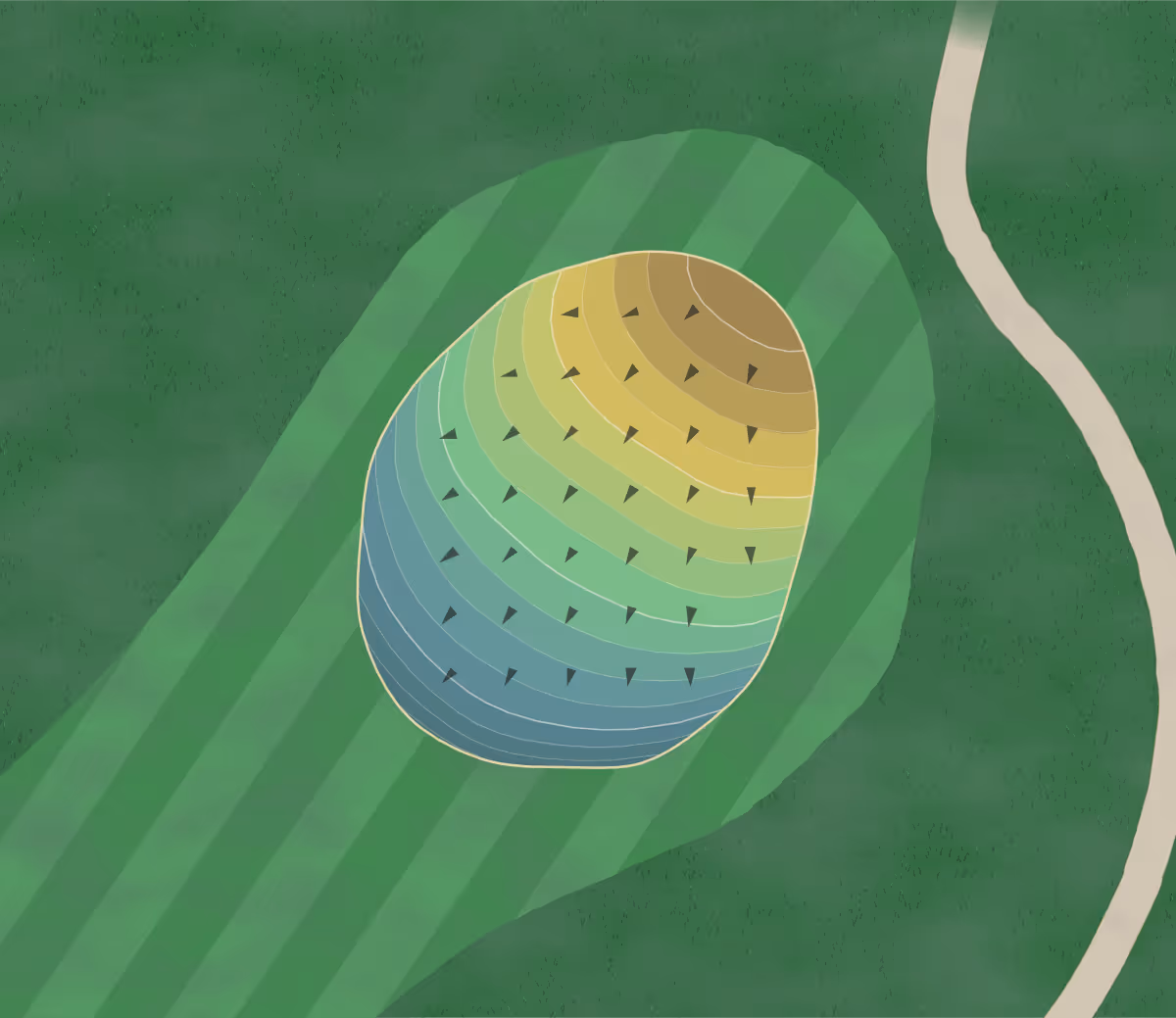 Green contour map of Camden CC in Camden, Arkansas — 190 elevation contours at a 3-inch interval with fall-line arrows, traced from 1-meter lidar