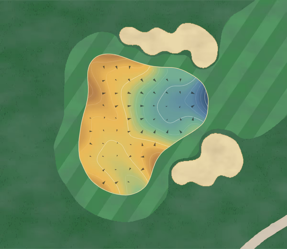 Green contour map of Camden in Narellan, Australia — 139 elevation contours at a 8-centimeter interval with fall-line arrows, traced from 1-meter lidar