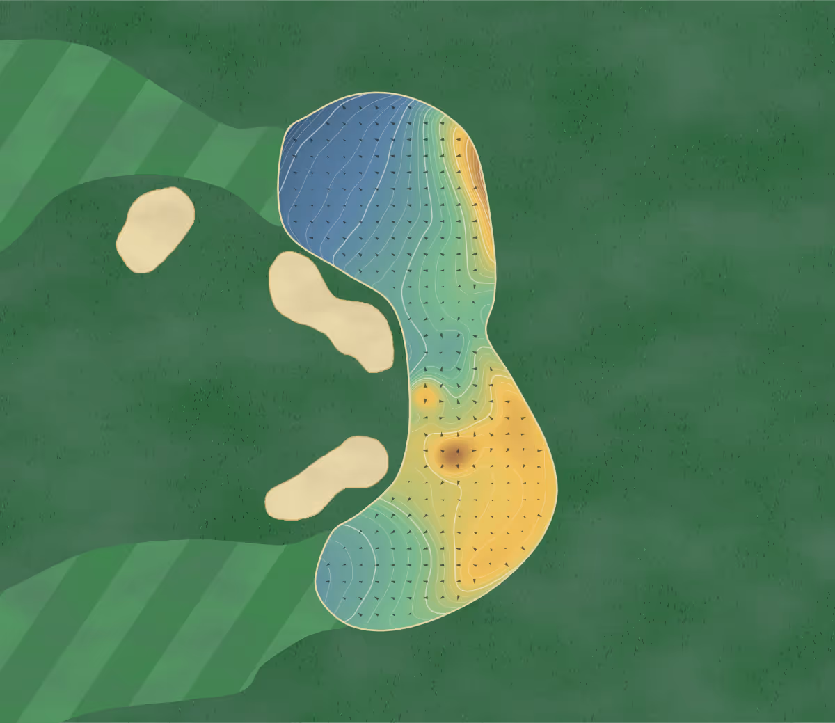 Green contour map of Camelot in Limoges, Canada — 30 elevation contours at a 8-centimeter interval with fall-line arrows, traced from 1-meter lidar