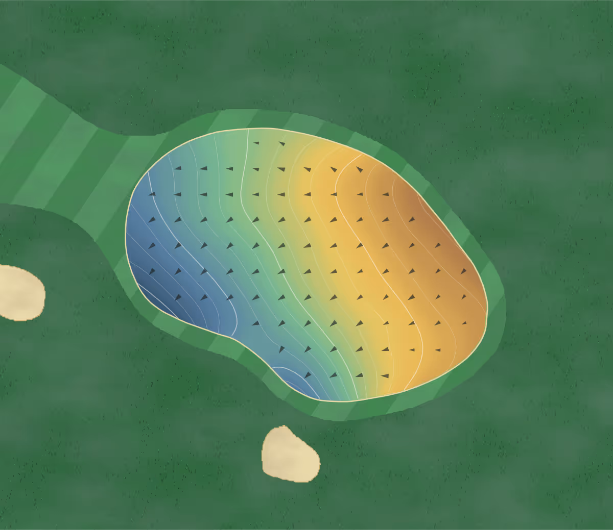 Green contour map of Camisle in Burlington, Canada — 16 elevation contours at a 8-centimeter interval with fall-line arrows, traced from 1-meter lidar