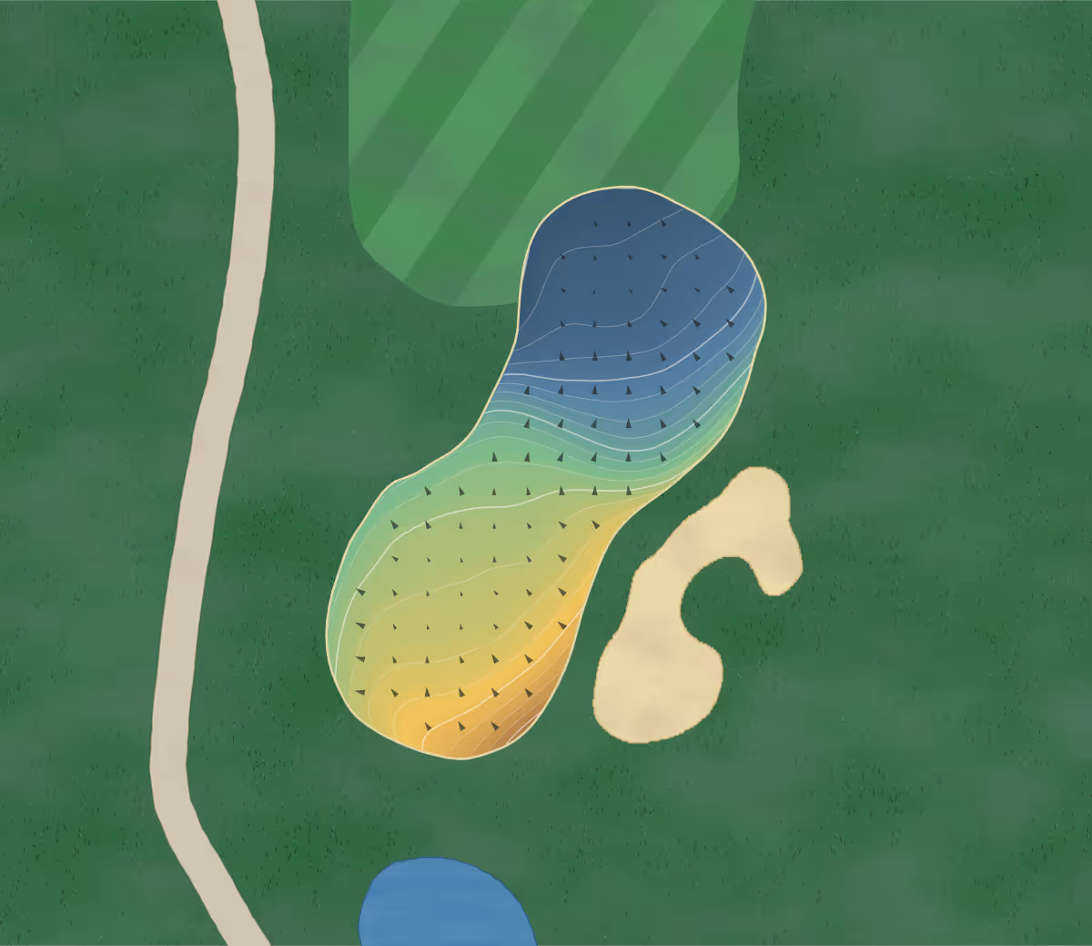 Green contour map of Campbell River in Campbell River, Canada — 193 elevation contours at a 8-centimeter interval with fall-line arrows, traced from 1-meter lidar