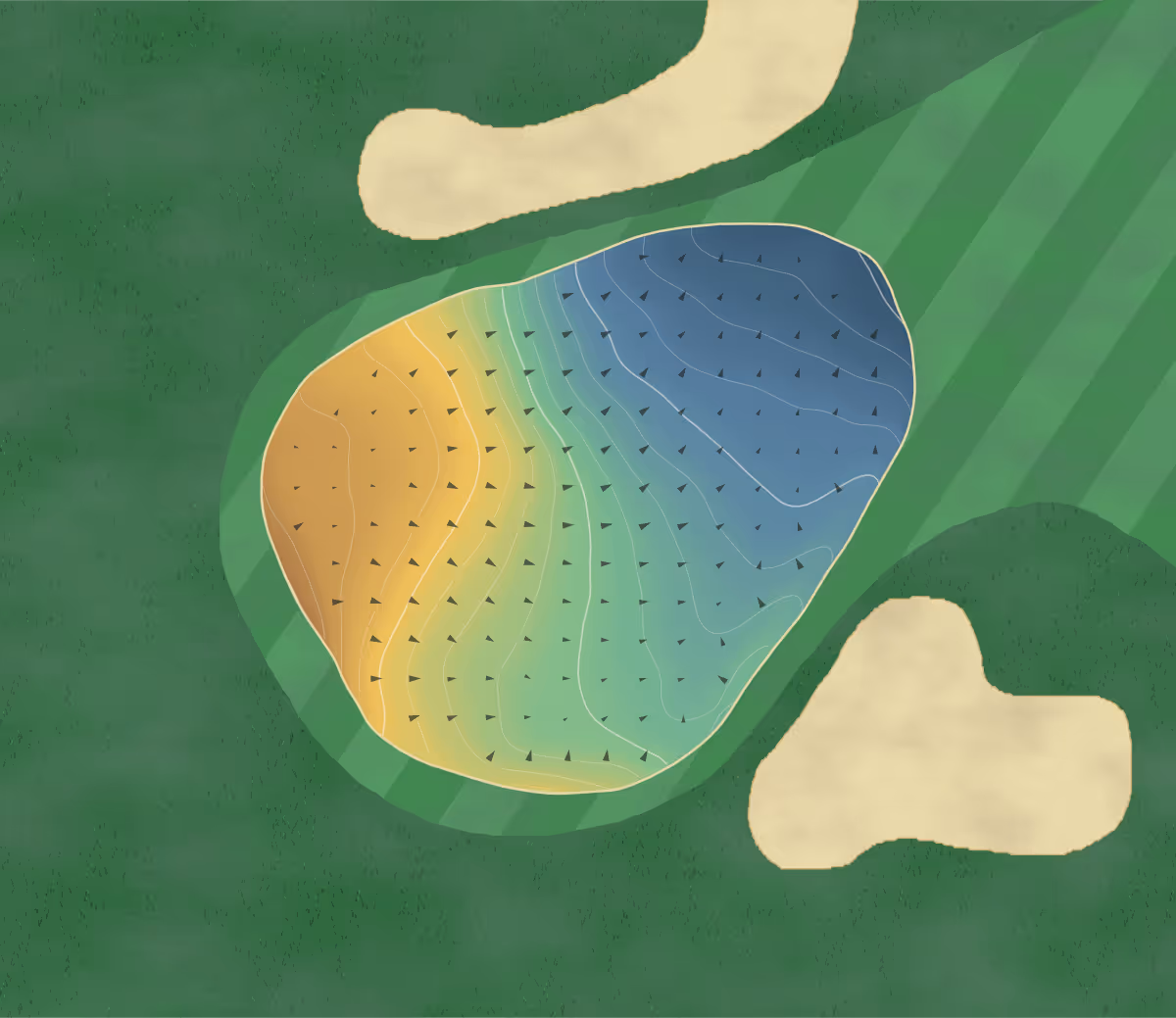 Green contour map of Camrose in Camrose, Canada: 107 elevation contours at a 8-centimeter interval with fall-line arrows, traced from 1-meter lidar