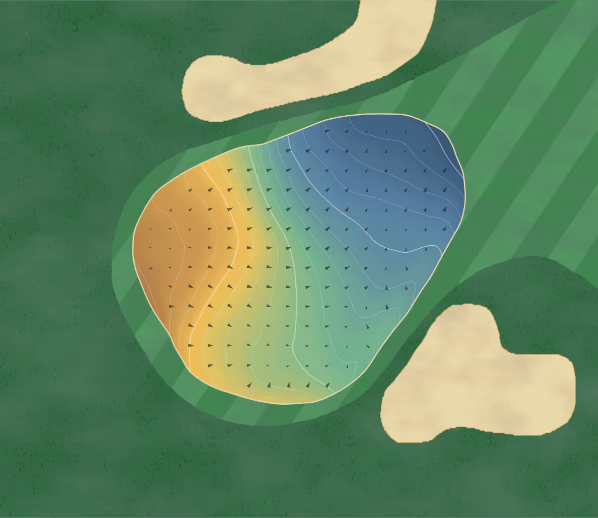 Green contour map of Camrose in Camrose, Canada — 99 elevation contours at a 8-centimeter interval with fall-line arrows, traced from 1-meter lidar