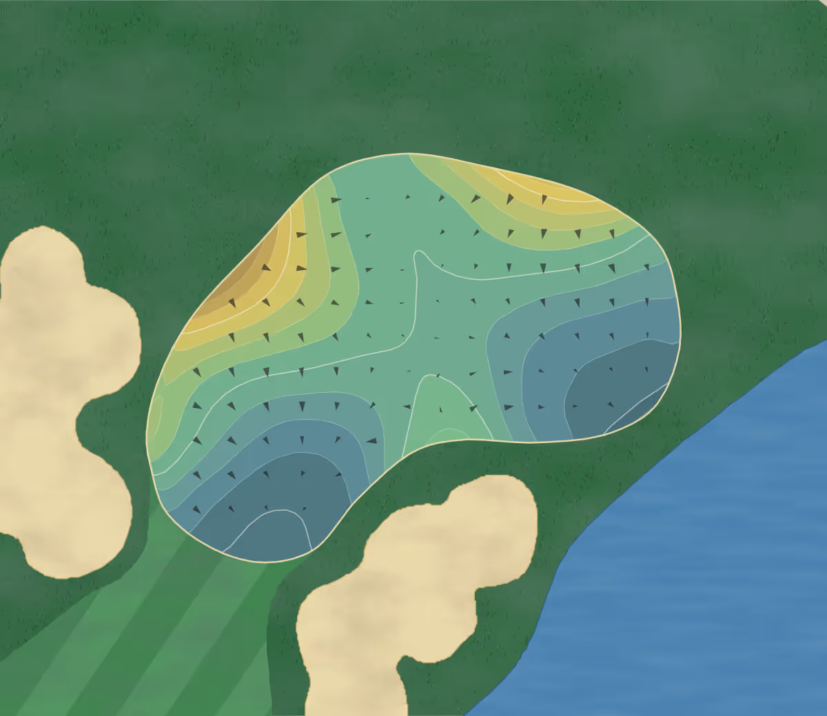 Green contour map of Canebrake CC in Hattiesburg, Mississippi — 279 elevation contours at a 3-inch interval with fall-line arrows, traced from 1-meter lidar