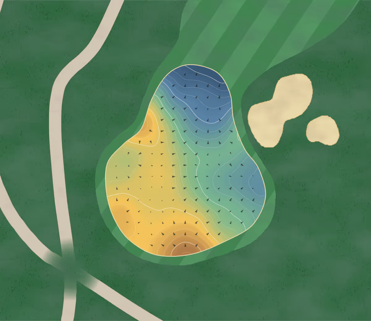 Green contour map of Canmore in Canmore, Canada — 162 elevation contours at a 8-centimeter interval with fall-line arrows, traced from 1-meter lidar