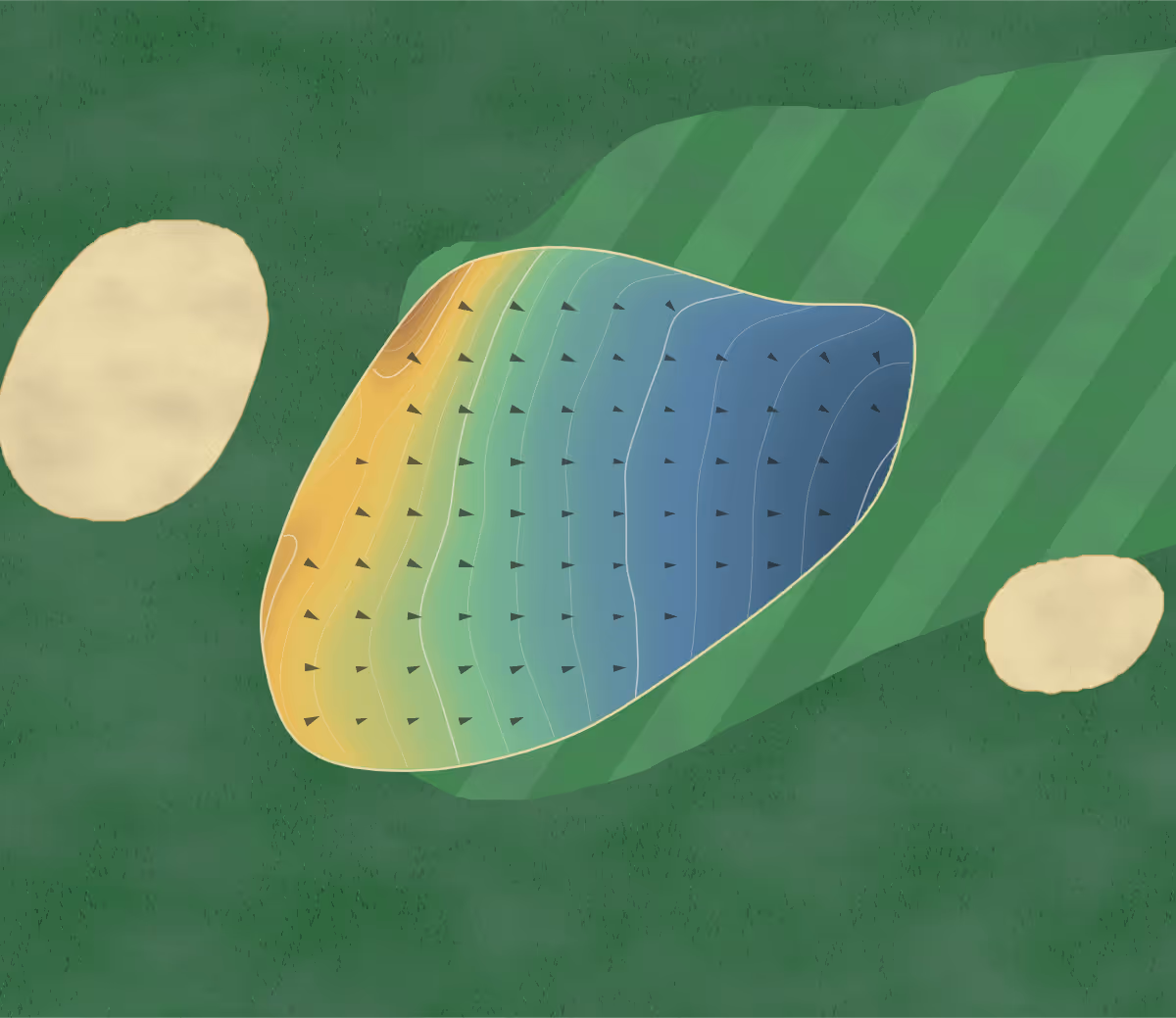 Green contour map of Canterbury Common in Port Perry, Canada: 46 elevation contours at a 8-centimeter interval with fall-line arrows, traced from 1-meter lidar